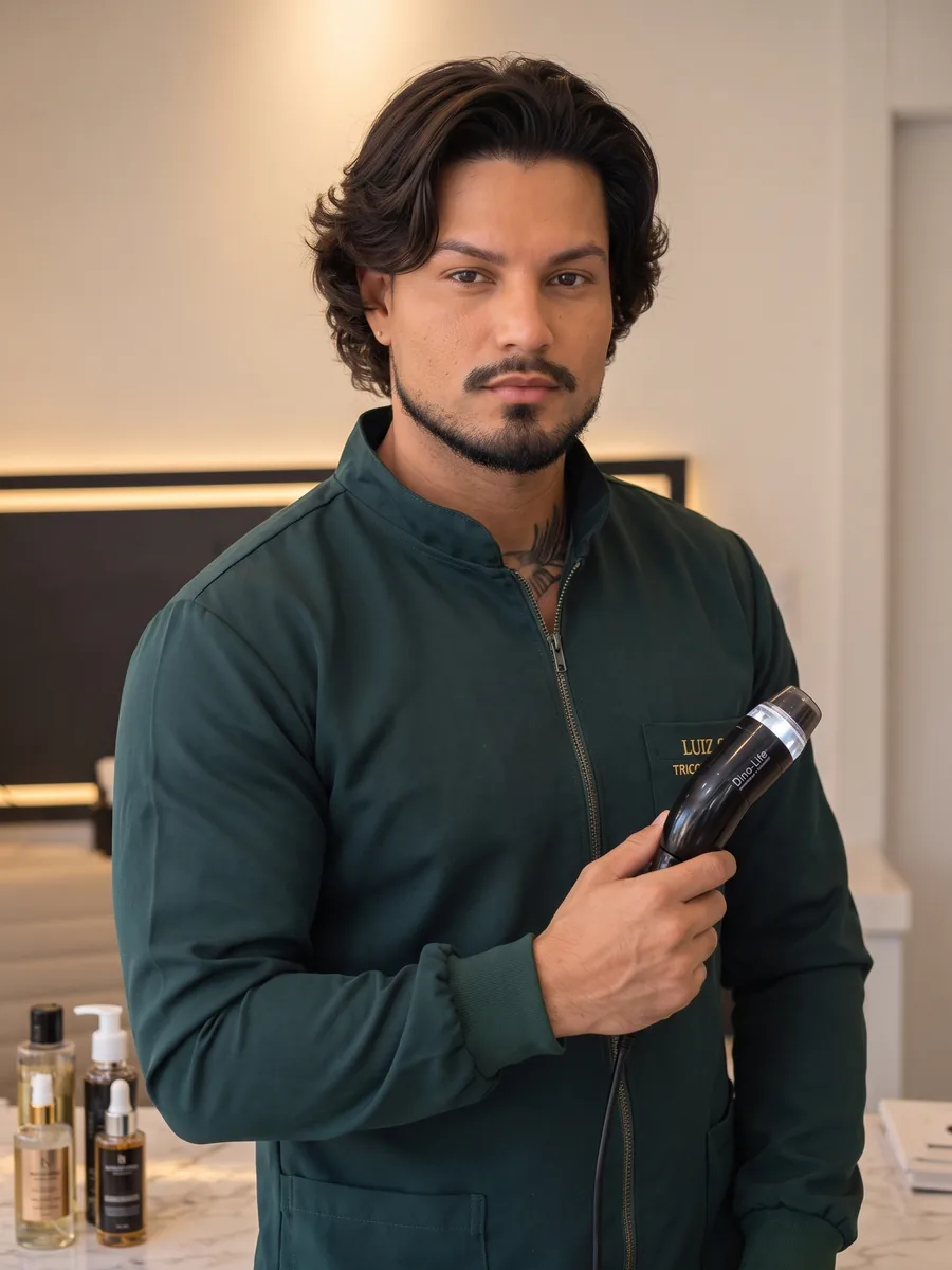 Luiz Silria segurando o tricoscópio na clínica, ao lado dos produtos de bancada