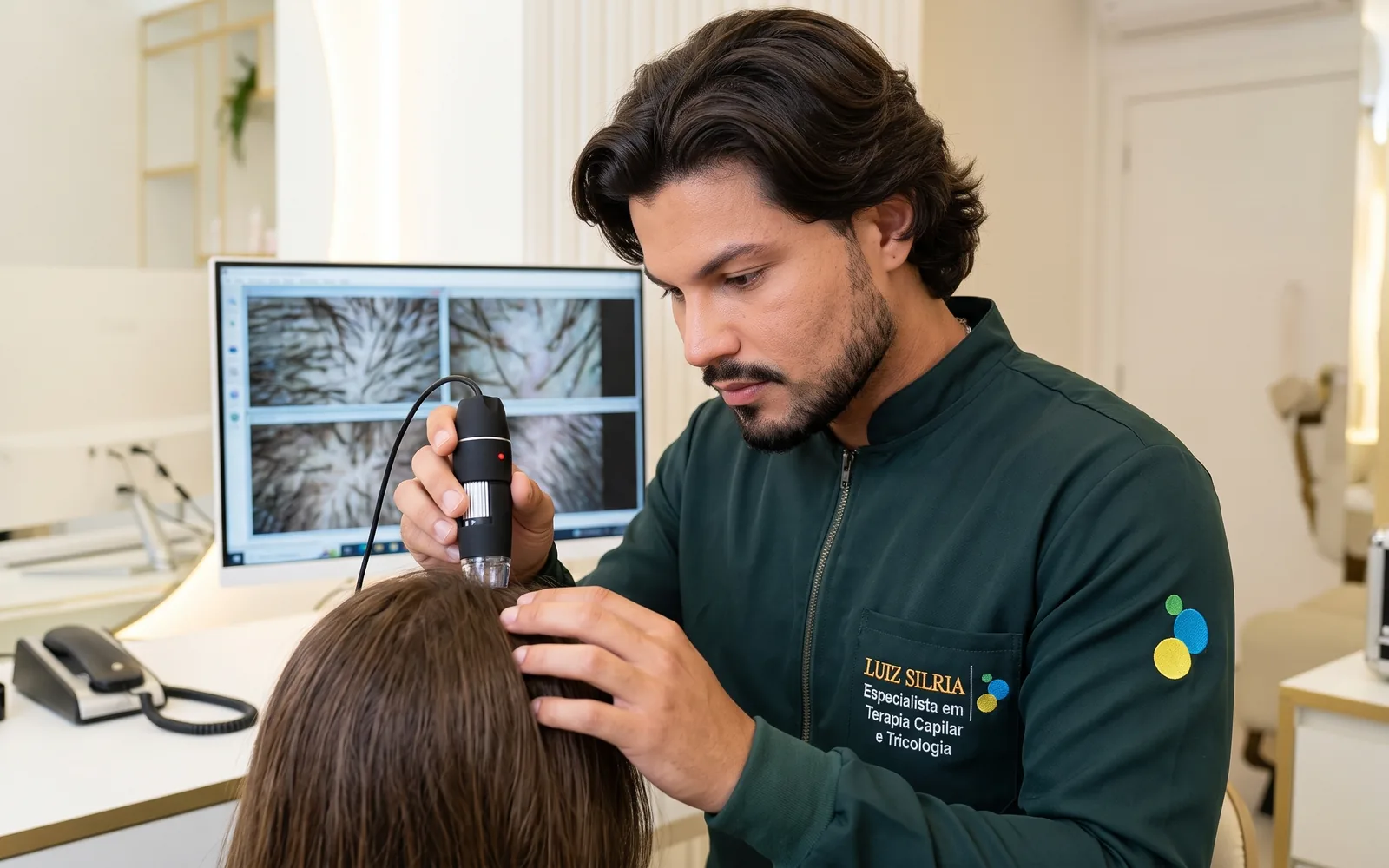 Luiz Silria examinando o couro cabeludo de uma paciente, com a microscopia na tela ao lado